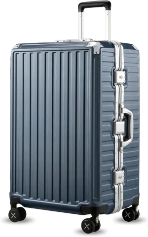 LUGGEX Aluminum Frame Luggage with Spinner Wheels, Zipperless Polycarbonate Hard Shell Suitcase, Checked Large 28 Inch, Blue