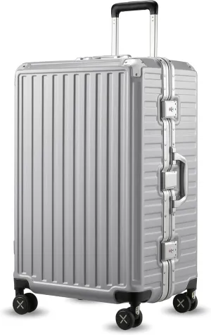LUGGEX Aluminum Frame Luggage with Spinner Wheels, Zipperless Polycarbonate Hard Shell Suitcase, Checked Large 28 Inch, Silver Grey