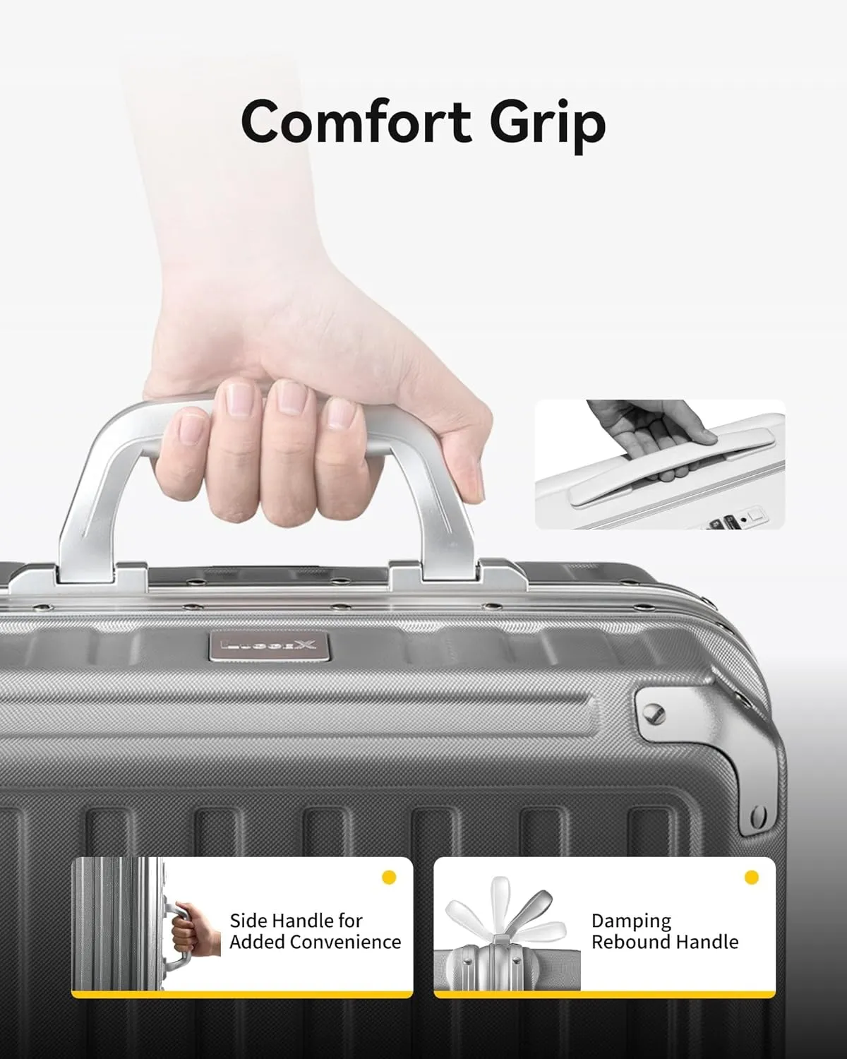 LUGGEX Aluminum Frame Luggage with Spinner Wheels, Zipperless Polycarbonate Hard Shell Suitcase, Checked Large 28 Inch, Silver Grey
