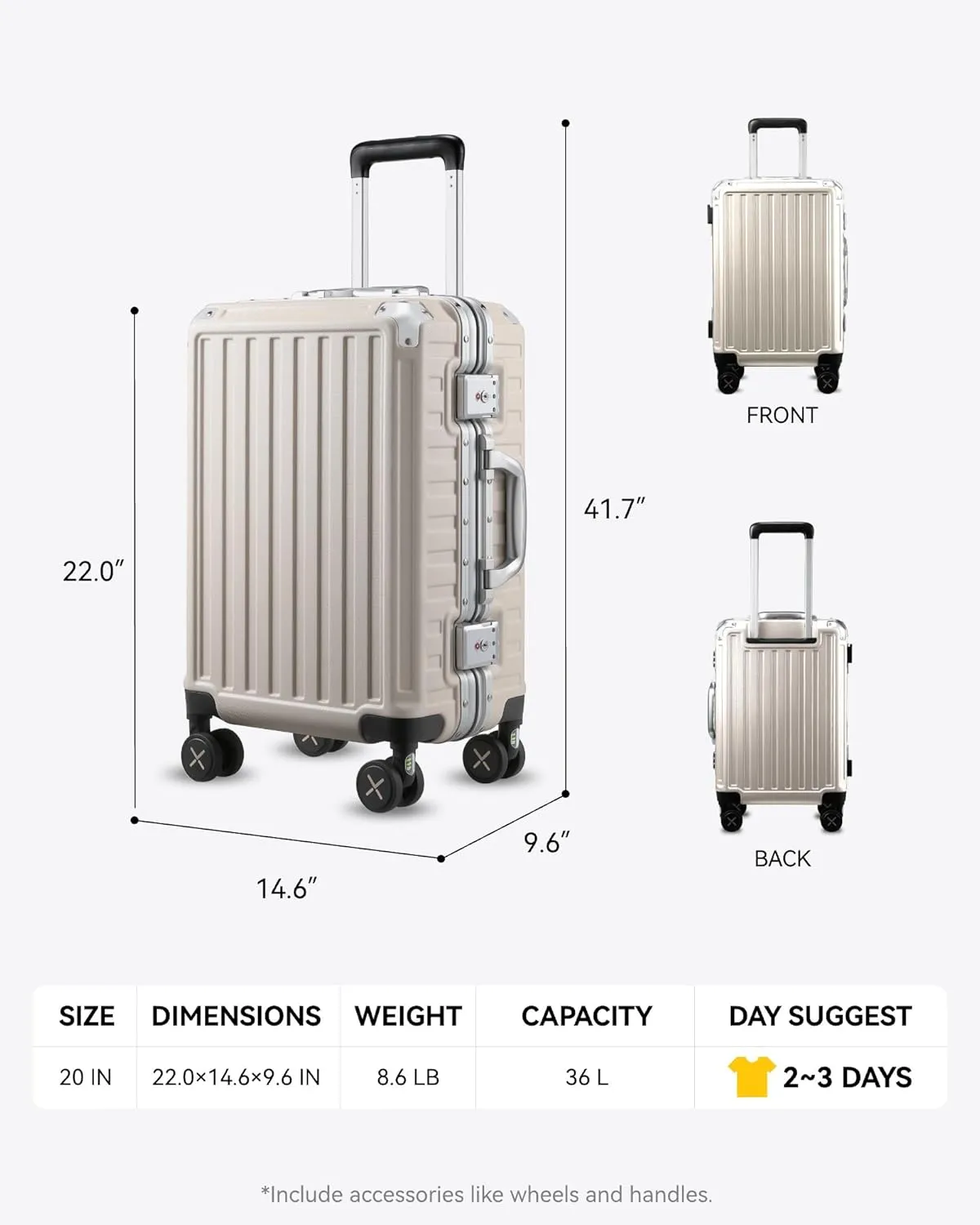 LUGGEX Zipperless Luggage with Spinner Wheels, Polycarbonate Aluminum Hard Shell Suitcase, Carry On 20 Inch, Ivory White