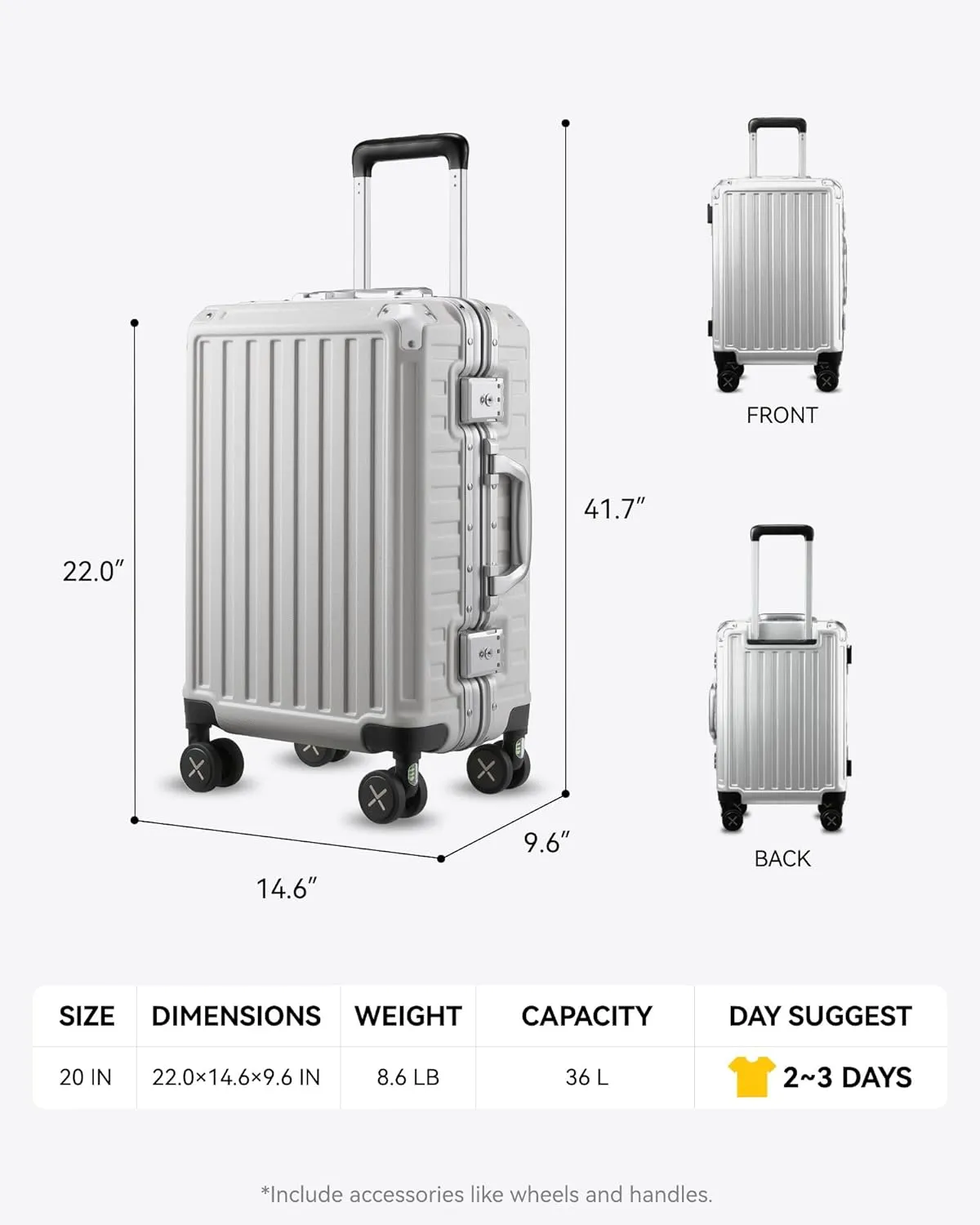 LUGGEX Zipperless Luggage with Spinner Wheels, Polycarbonate Aluminum Hard Shell Suitcase, Carry On 20 Inch, White