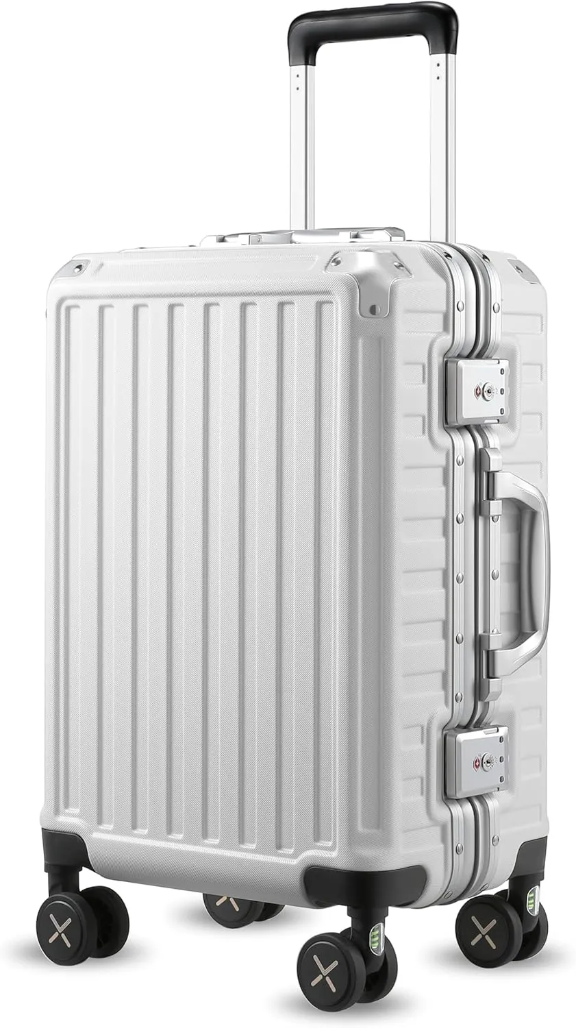 LUGGEX Zipperless Luggage with Spinner Wheels, Polycarbonate Aluminum Hard Shell Suitcase, Carry On 20 Inch, White