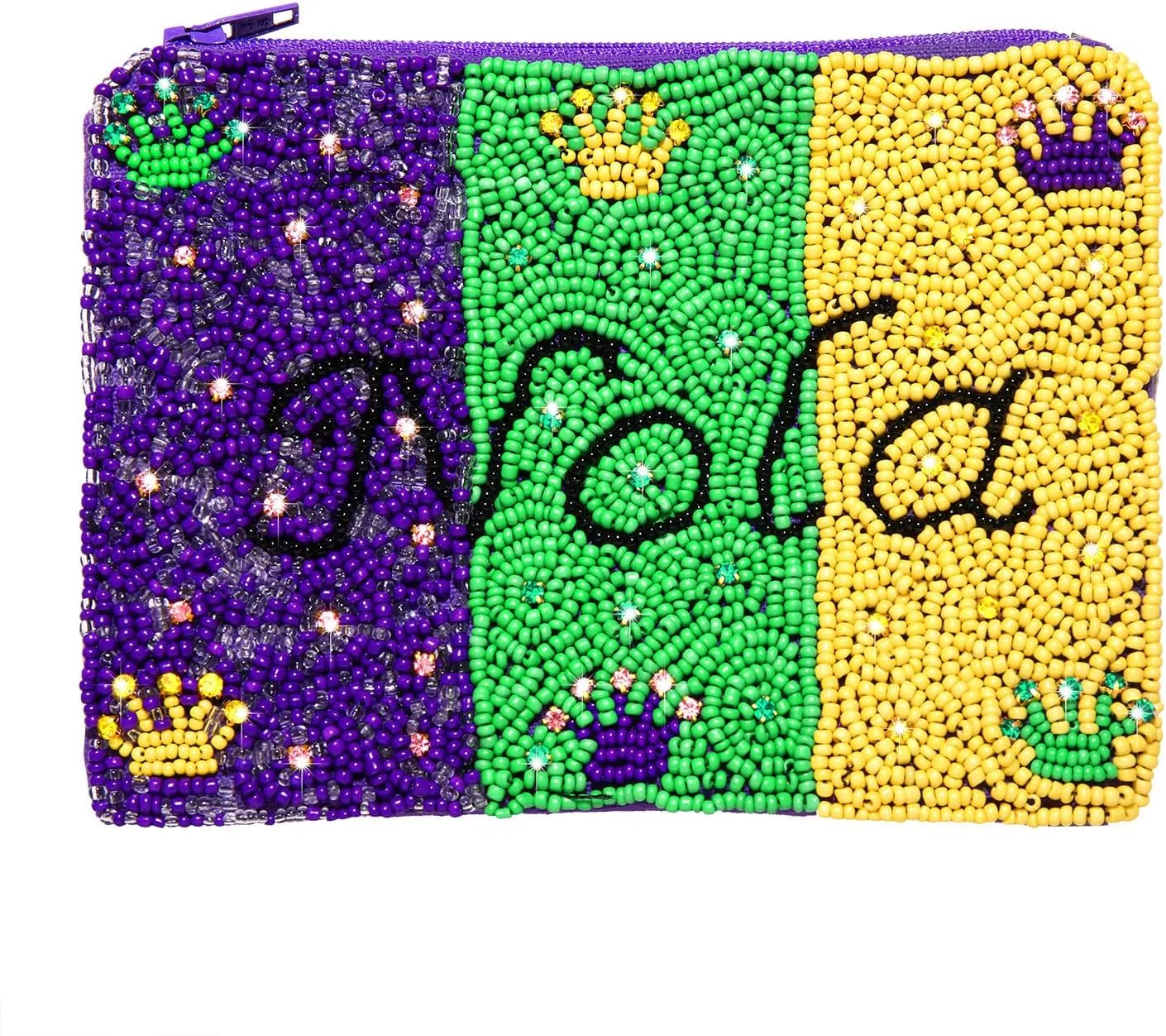Mardi Gras Coin Purse Beaded NOLA Crown Mini Coin Pouch Wallet Purple Green Gold Carnival Coin Holder Money Bag Fat Tuesday Outfit Accessories Gifts for Women (Purple Green Yellow)