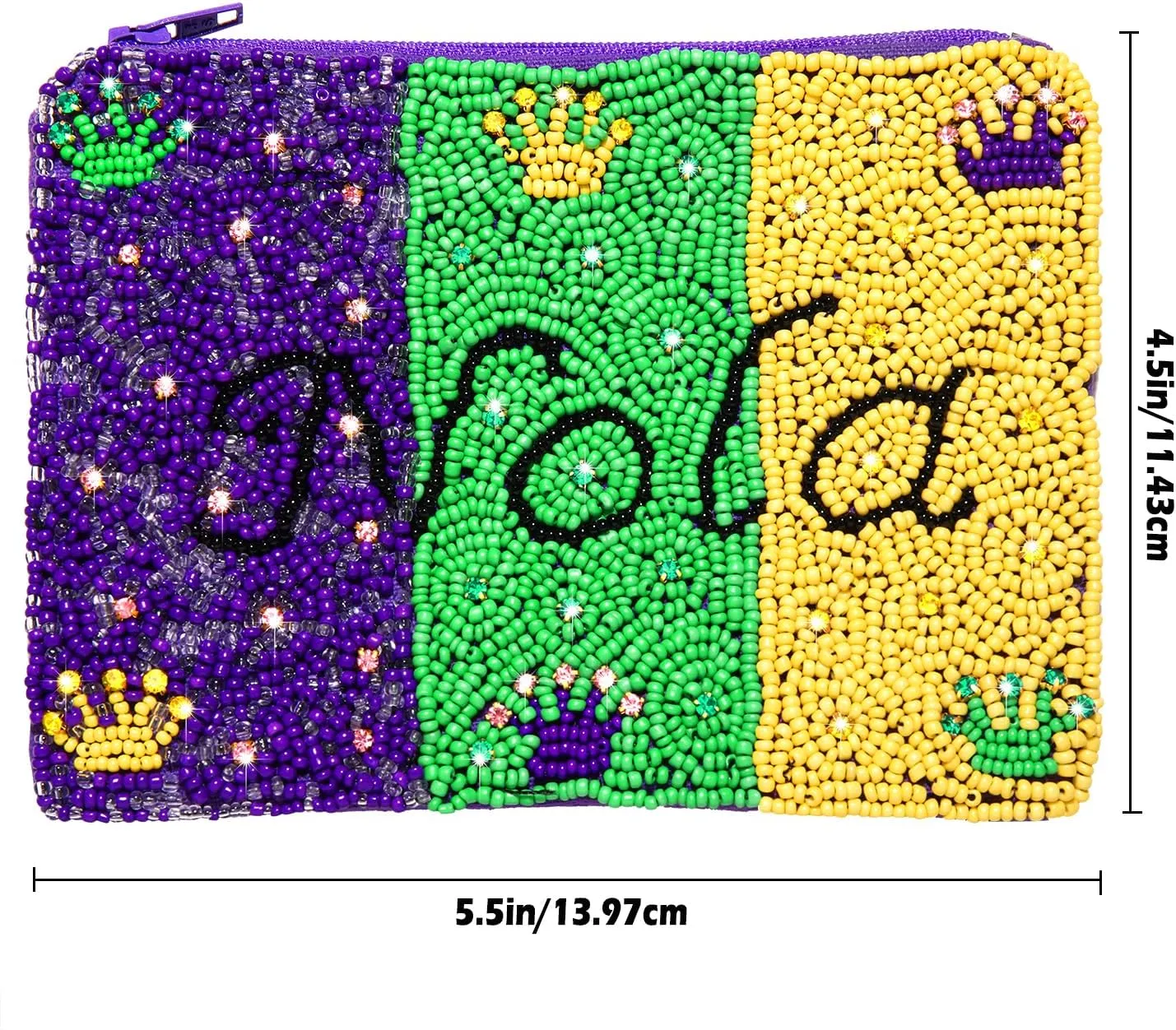 Mardi Gras Coin Purse Beaded NOLA Crown Mini Coin Pouch Wallet Purple Green Gold Carnival Coin Holder Money Bag Fat Tuesday Outfit Accessories Gifts for Women (Purple Green Yellow)