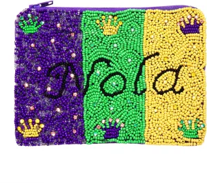 Mardi Gras Coin Purse Beaded NOLA Crown Mini Coin Pouch Wallet Purple Green Gold Carnival Coin Holder Money Bag Fat Tuesday Outfit Accessories Gifts for Women (Purple Green Yellow)