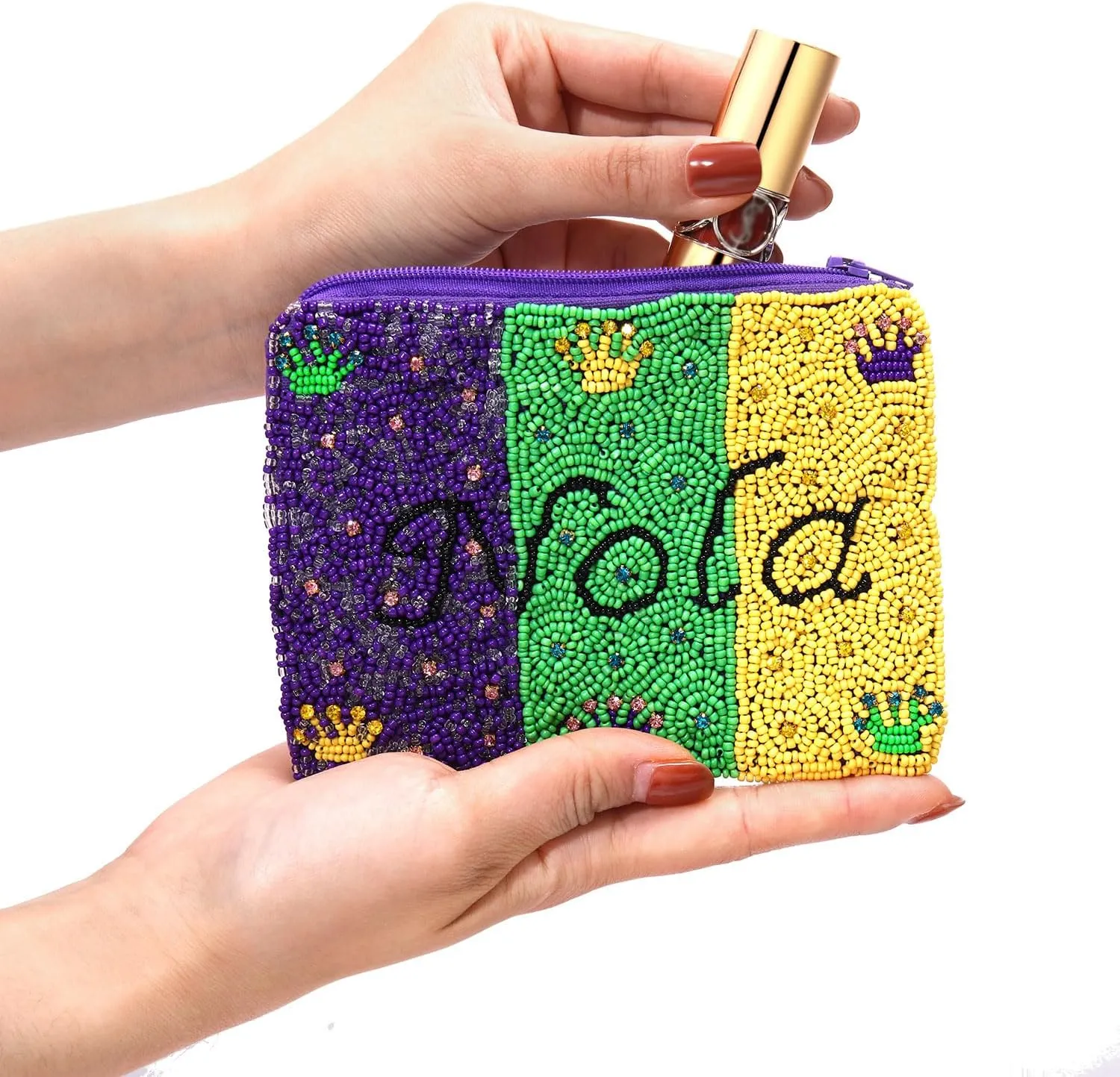 Mardi Gras Coin Purse Beaded NOLA Crown Mini Coin Pouch Wallet Purple Green Gold Carnival Coin Holder Money Bag Fat Tuesday Outfit Accessories Gifts for Women (Purple Green Yellow)