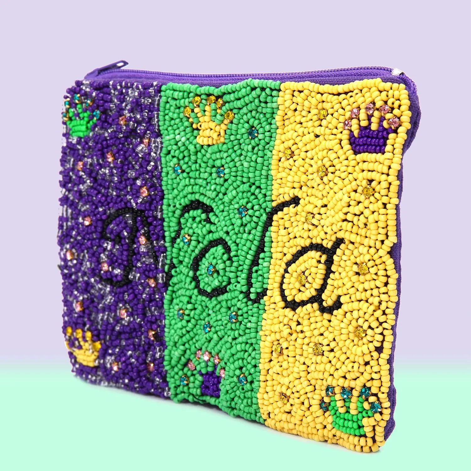 Mardi Gras Coin Purse Beaded NOLA Crown Mini Coin Pouch Wallet Purple Green Gold Carnival Coin Holder Money Bag Fat Tuesday Outfit Accessories Gifts for Women (Purple Green Yellow)