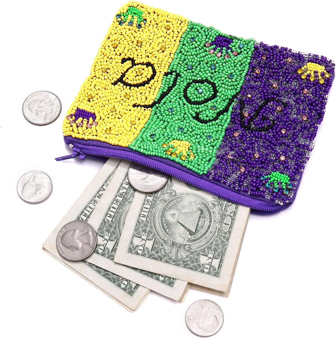 Mardi Gras Coin Purse Beaded NOLA Crown Mini Coin Pouch Wallet Purple Green Gold Carnival Coin Holder Money Bag Fat Tuesday Outfit Accessories Gifts for Women (Purple Green Yellow)