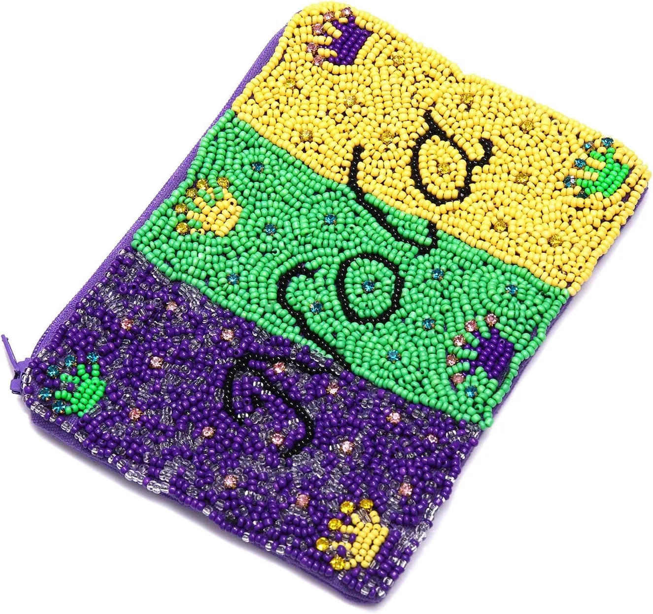 Mardi Gras Coin Purse Beaded NOLA Crown Mini Coin Pouch Wallet Purple Green Gold Carnival Coin Holder Money Bag Fat Tuesday Outfit Accessories Gifts for Women (Purple Green Yellow)