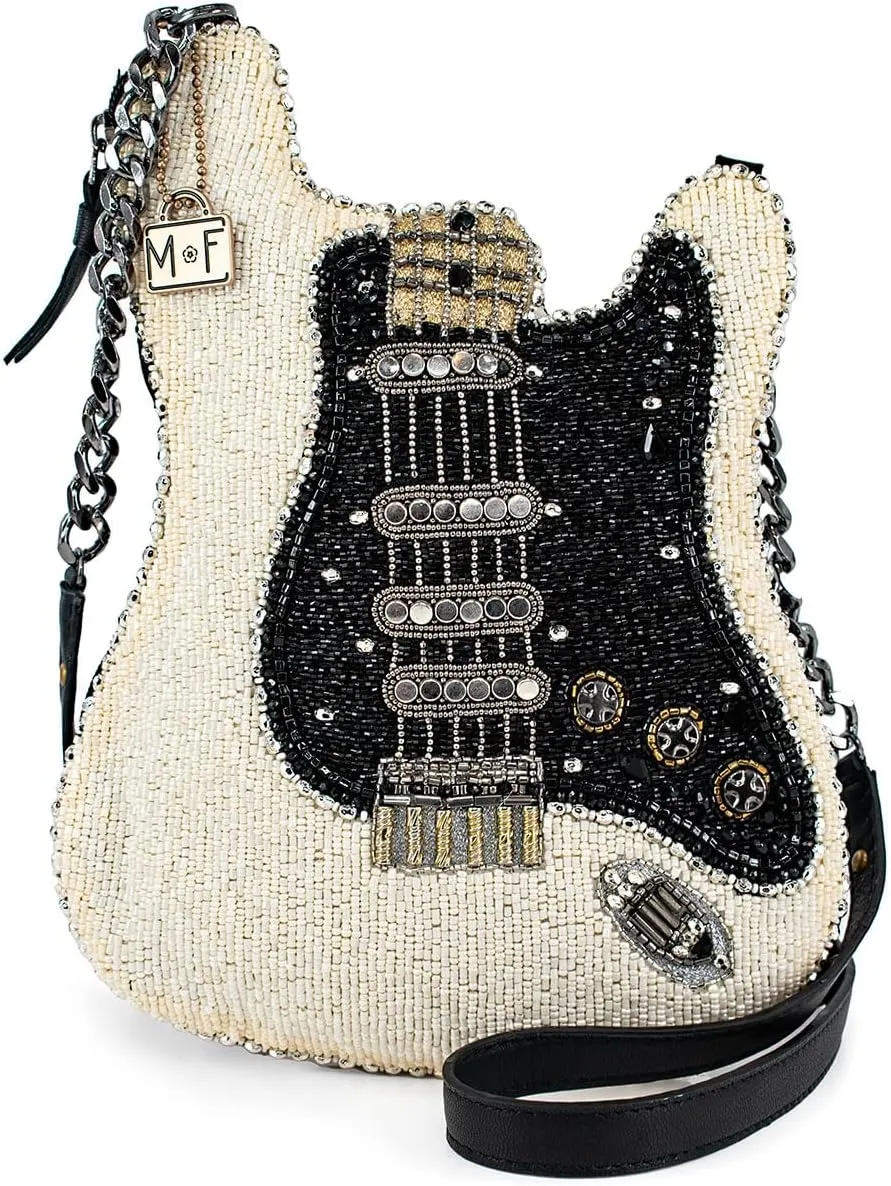 Mary Frances Fend for Yourself Beaded Crossbody Handbag Clutch Guitar Novelty Evening Purse, Ivory/Black