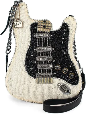 Mary Frances Fend for Yourself Beaded Crossbody Handbag Clutch Guitar Novelty Evening Purse, Ivory/Black