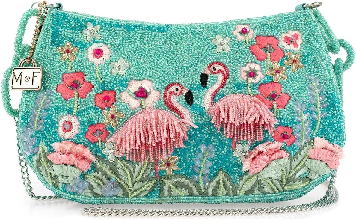 Mary Frances Flirty Flamingos Beaded Crossbody Handbag Clutch Tropical Bird Novelty Purse, Multicolor