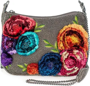 Mary Frances Plush Petals Beaded Floral Crossbody Handbag Embroidered Flowers Novelty Evening Statement Purse, Pewter