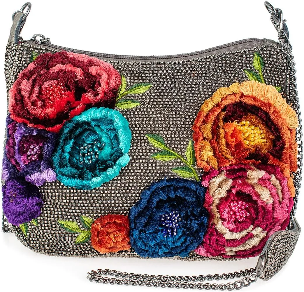 Mary Frances Plush Petals Beaded Floral Crossbody Handbag Embroidered Flowers Novelty Evening Statement Purse, Pewter