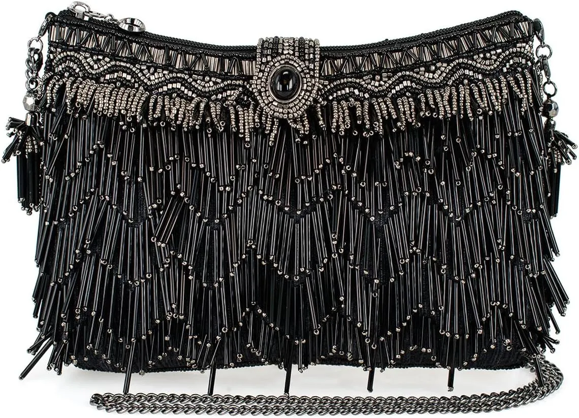 Mary Frances Shimmy Beaded Fringe Clutch Handbag – Glam Vegan Crossbody Purse with Zipper & Magnet Closure, Black