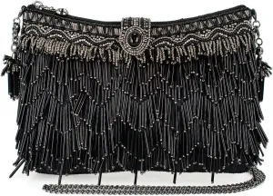 Mary Frances Shimmy Beaded Fringe Clutch Handbag – Glam Vegan Crossbody Purse with Zipper & Magnet Closure, Black