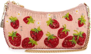 Mary Frances Strawberry Fields Beaded Crossbody Clutch Handbag – Statement Evening Bag with Removable Chain Strap, Pink