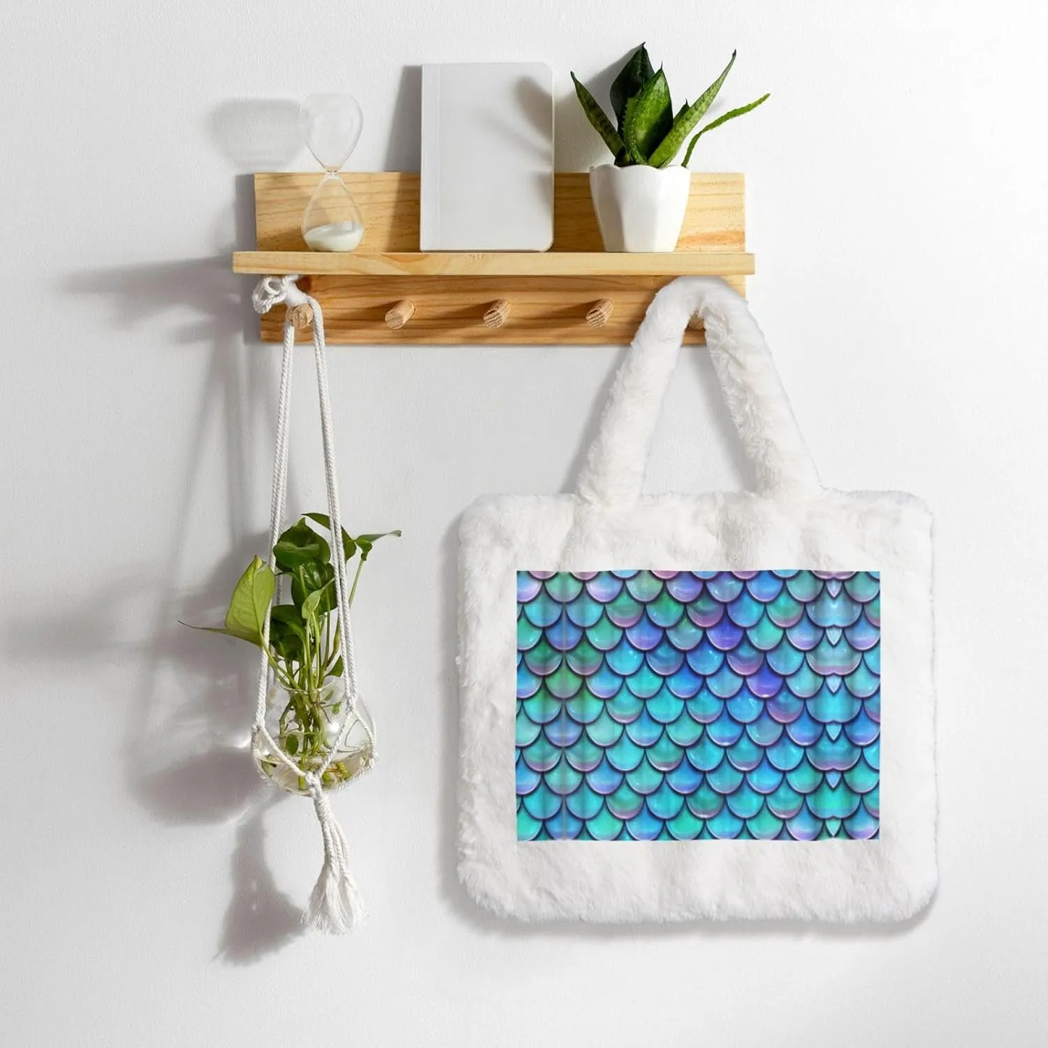 Mermaid Teal Fish Scale Printing Soft Plush Handbag For Womens Tote Bag For Women,Women Satchel Bags Wallet Purse For Gifts