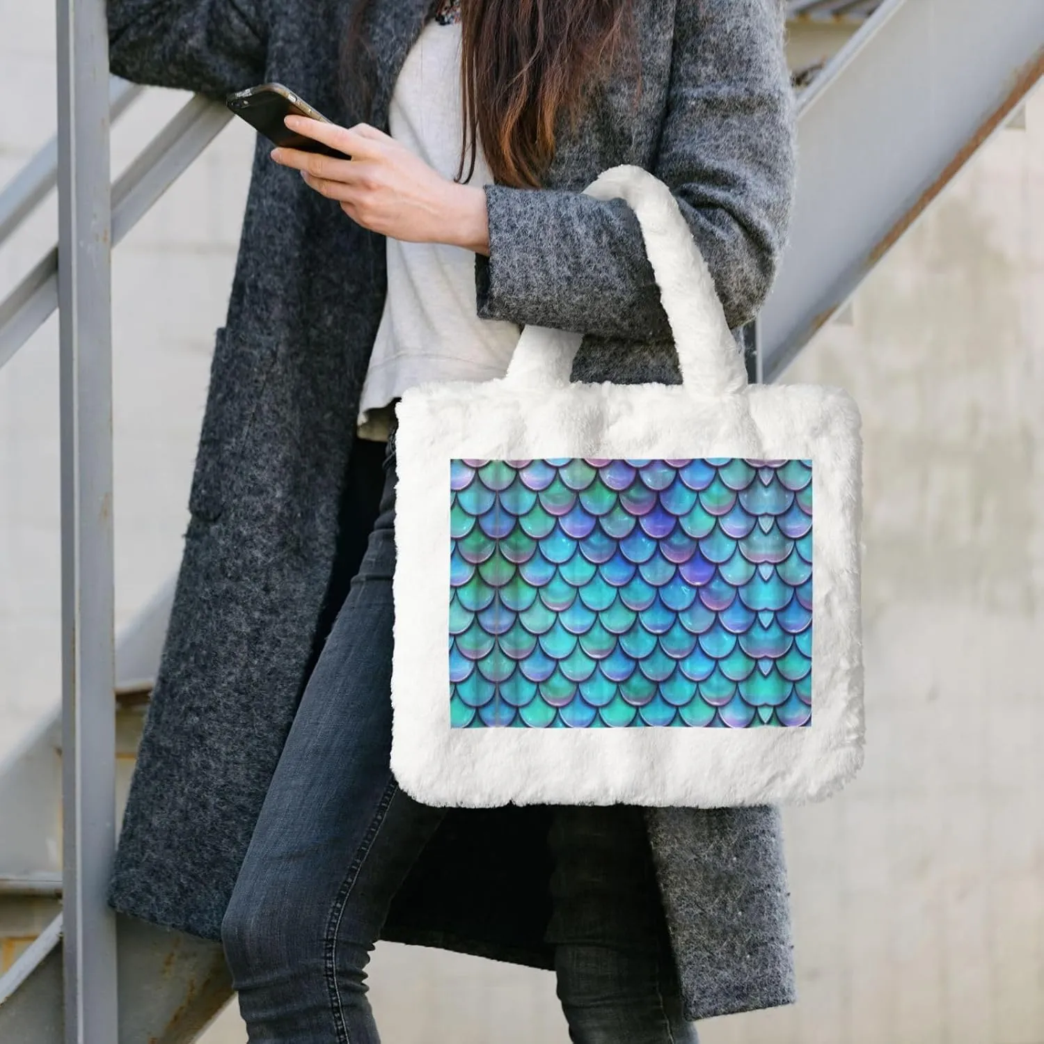 Mermaid Teal Fish Scale Printing Soft Plush Handbag For Womens Tote Bag For Women,Women Satchel Bags Wallet Purse For Gifts