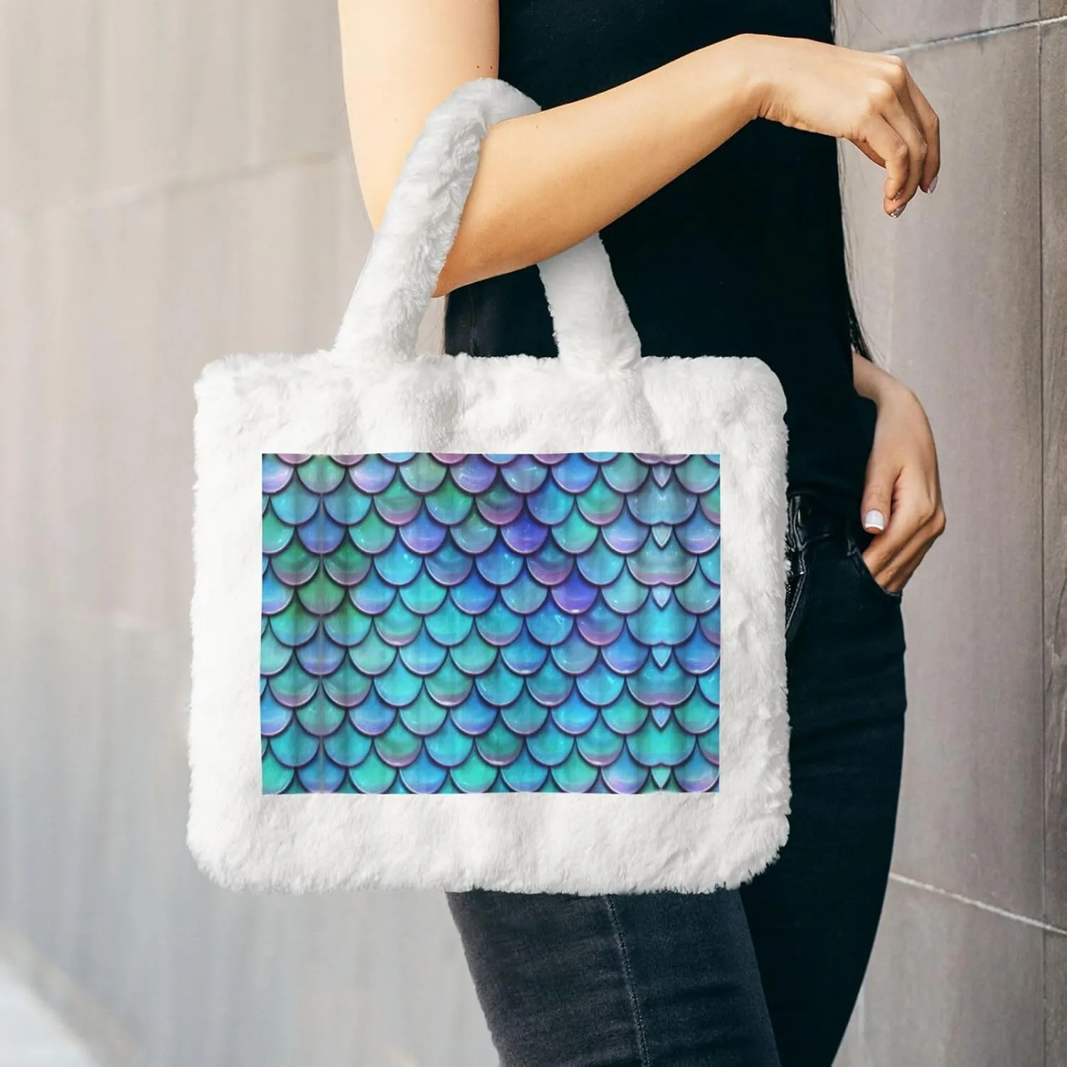 Mermaid Teal Fish Scale Printing Soft Plush Handbag For Womens Tote Bag For Women,Women Satchel Bags Wallet Purse For Gifts