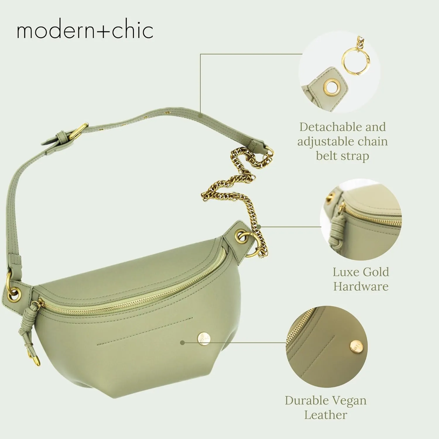 Modern Chic Belt Bag for Women - Catherine Vegan Leather Belt Bag, Crossbody Bag with Chain Strap and Interior Pocket