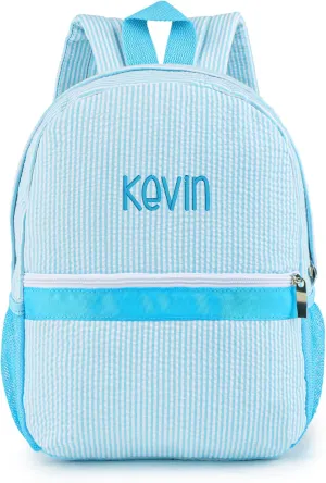 MT WORLD Kids Backpack Personalized Seersucker Toddler Backpack with Name Seersucker Toddler Bookbag for Little Boys Girls Preschool Kindergarten for School Daycare Child Baby Shower Gifts (Aqua)