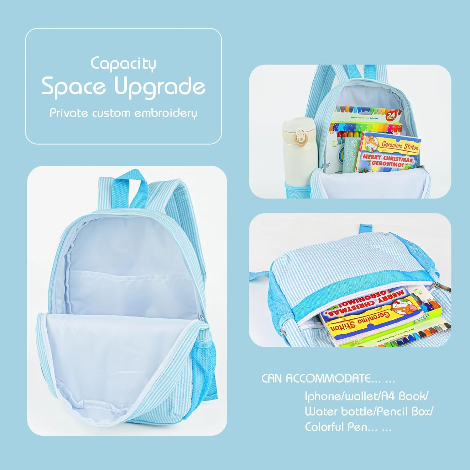 MT WORLD Kids Backpack Personalized Seersucker Toddler Backpack with Name Seersucker Toddler Bookbag for Little Boys Girls Preschool Kindergarten for School Daycare Child Baby Shower Gifts (Aqua)