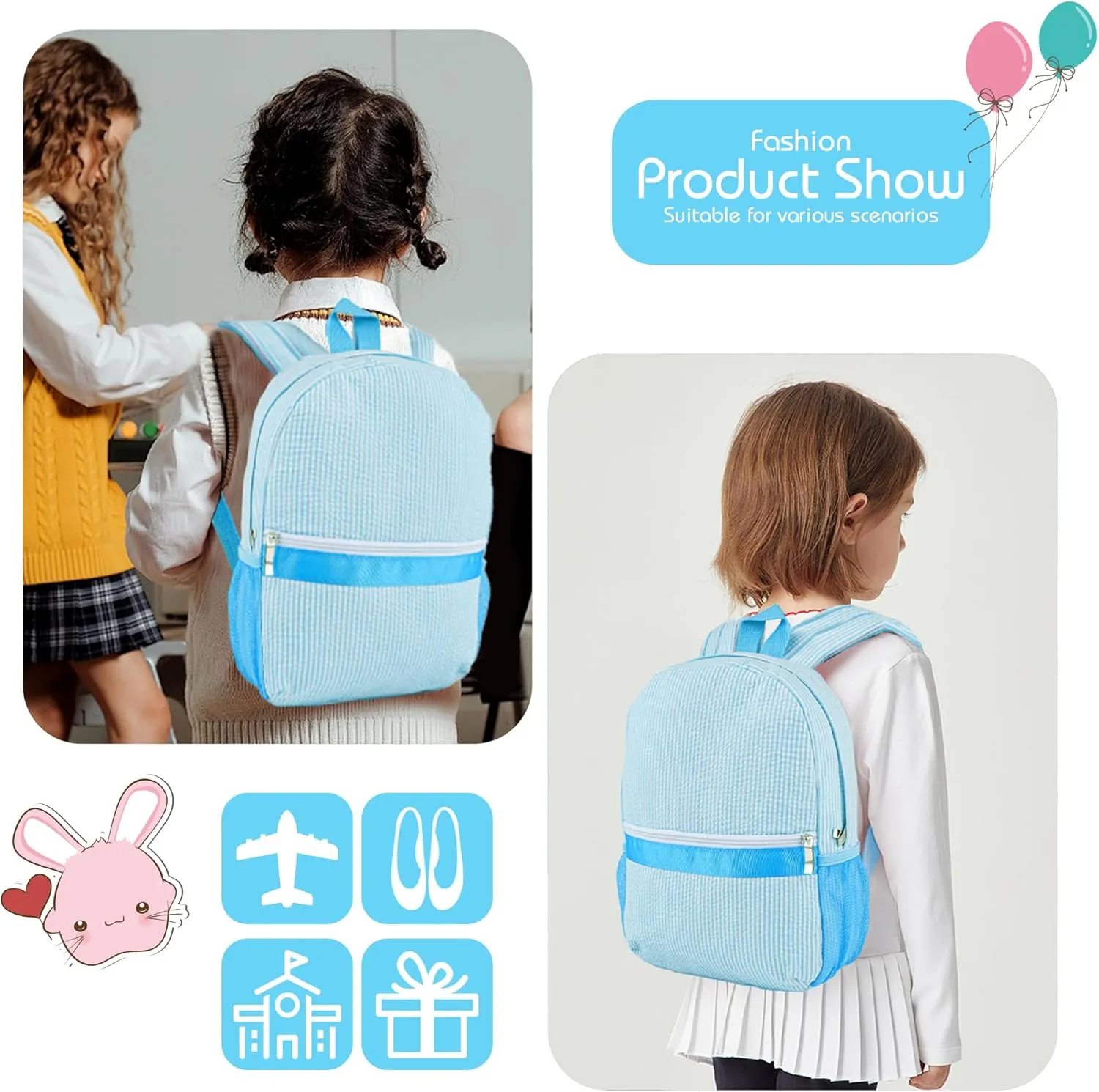 MT WORLD Kids Backpack Personalized Seersucker Toddler Backpack with Name Seersucker Toddler Bookbag for Little Boys Girls Preschool Kindergarten for School Daycare Child Baby Shower Gifts (Aqua)