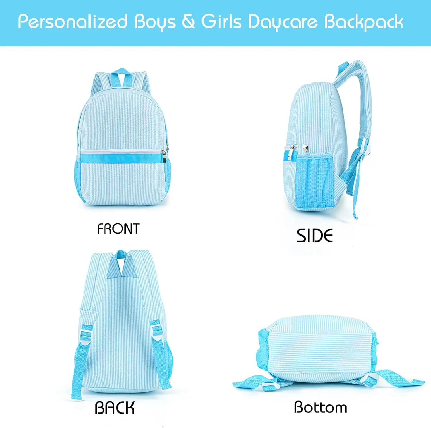 MT WORLD Kids Backpack Personalized Seersucker Toddler Backpack with Name Seersucker Toddler Bookbag for Little Boys Girls Preschool Kindergarten for School Daycare Child Baby Shower Gifts (Aqua)