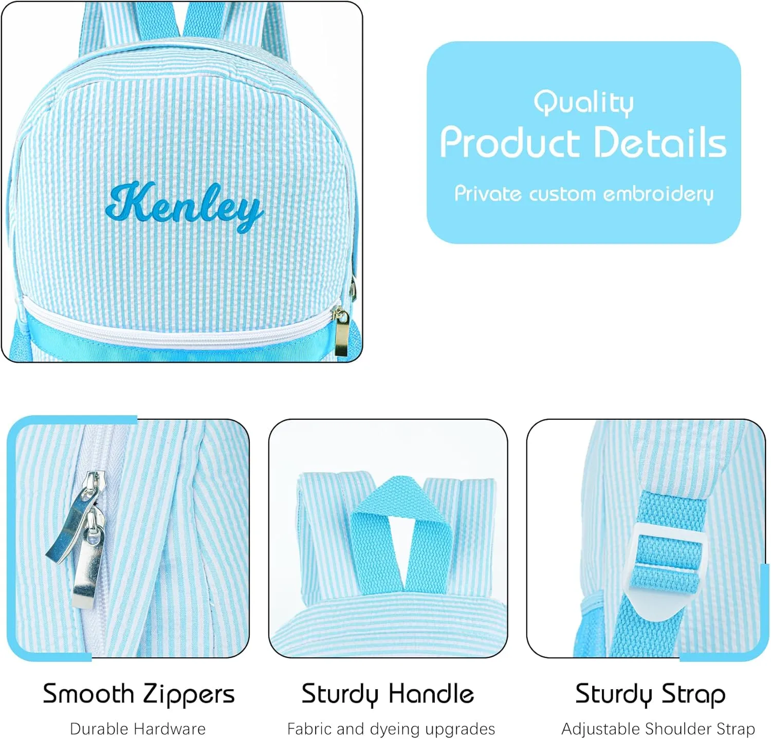 MT WORLD Kids Backpack Personalized Seersucker Toddler Backpack with Name Seersucker Toddler Bookbag for Little Boys Girls Preschool Kindergarten for School Daycare Child Baby Shower Gifts (Aqua)