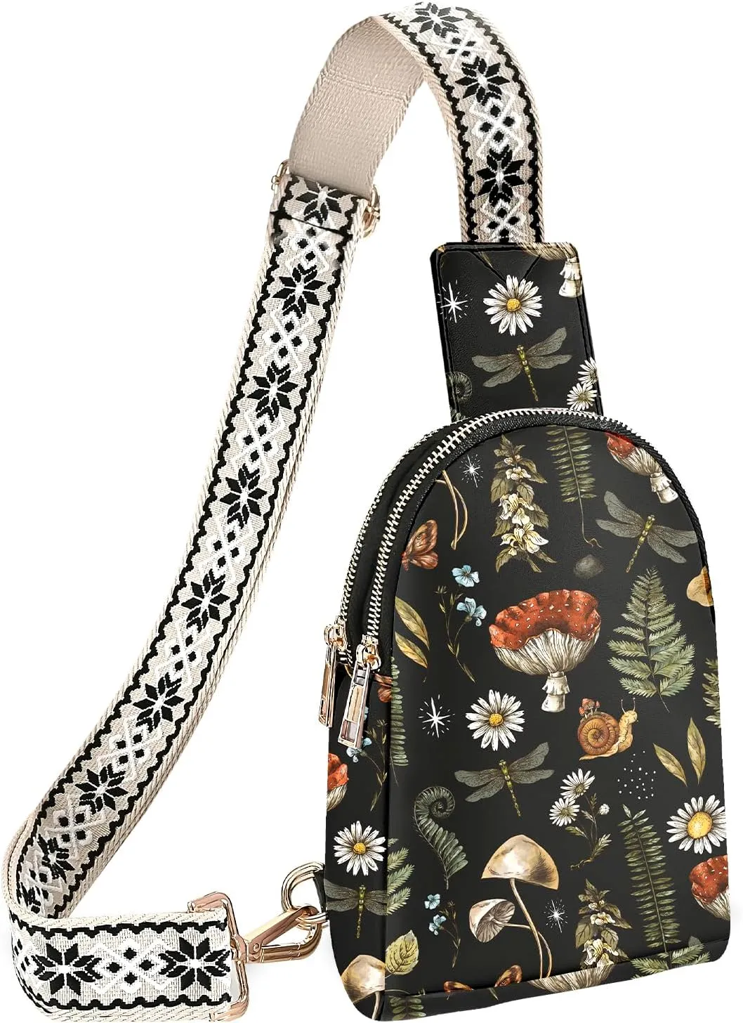 Mushroom Small Sling Bag for Women Leather Fanny Pack Travel Sling Crossbody Purse Presents for Hiking Cycling Running