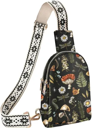 Mushroom Small Sling Bag for Women Leather Fanny Pack Travel Sling Crossbody Purse Presents for Hiking Cycling Running