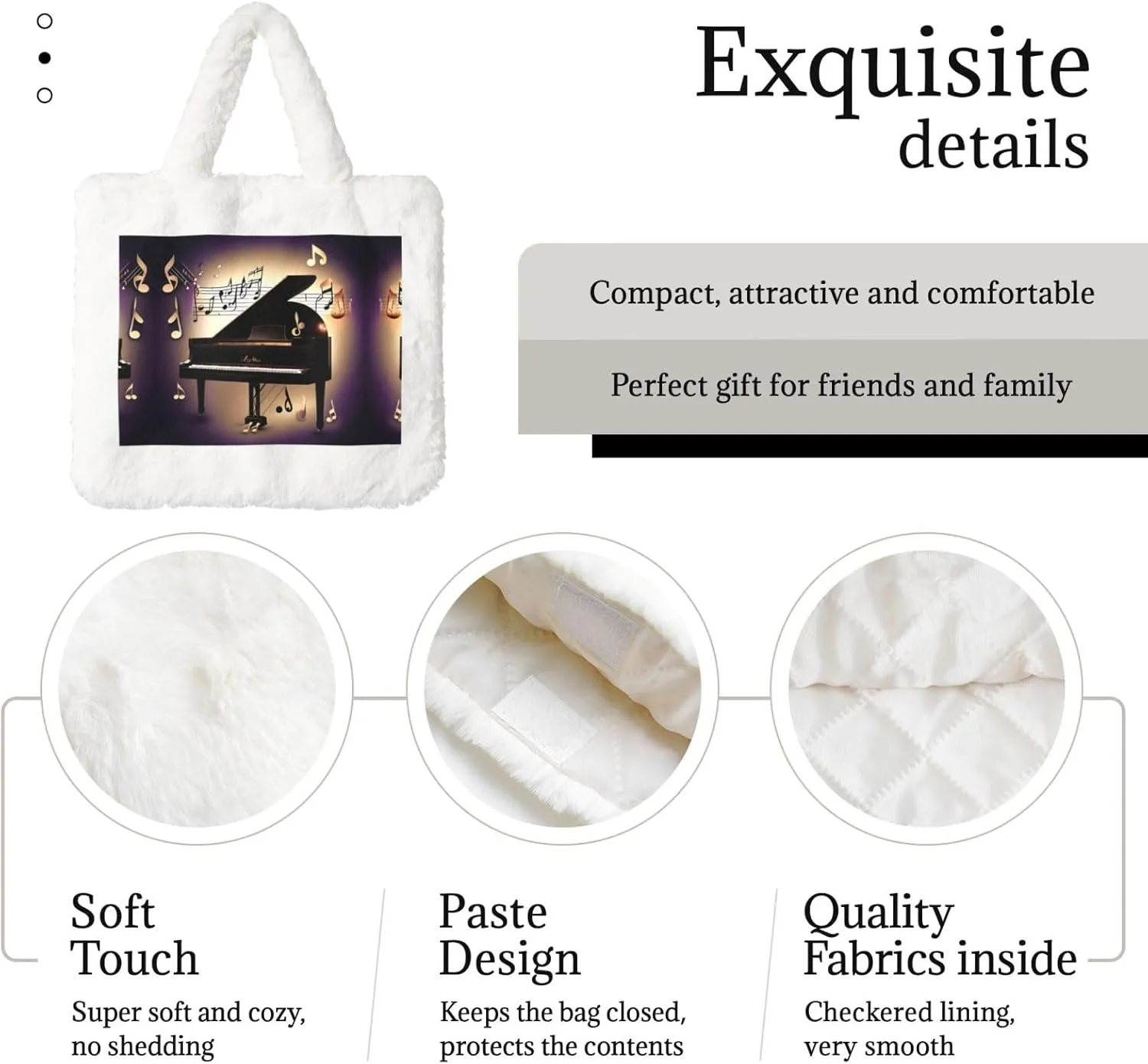 Music Note Piano Printing Fluffy Shoulder Bag Ladies Plush Underarm Bag Tote Bag Furry Purse Handbag For Work Travel