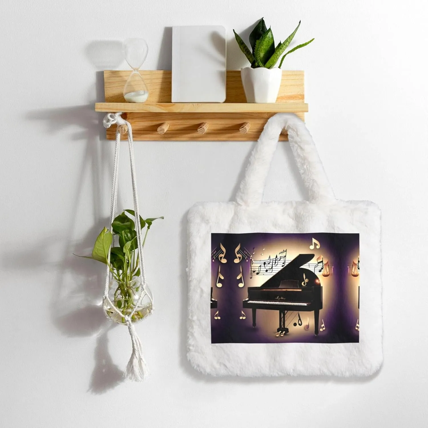 Music Note Piano Printing Fluffy Shoulder Bag Ladies Plush Underarm Bag Tote Bag Furry Purse Handbag For Work Travel