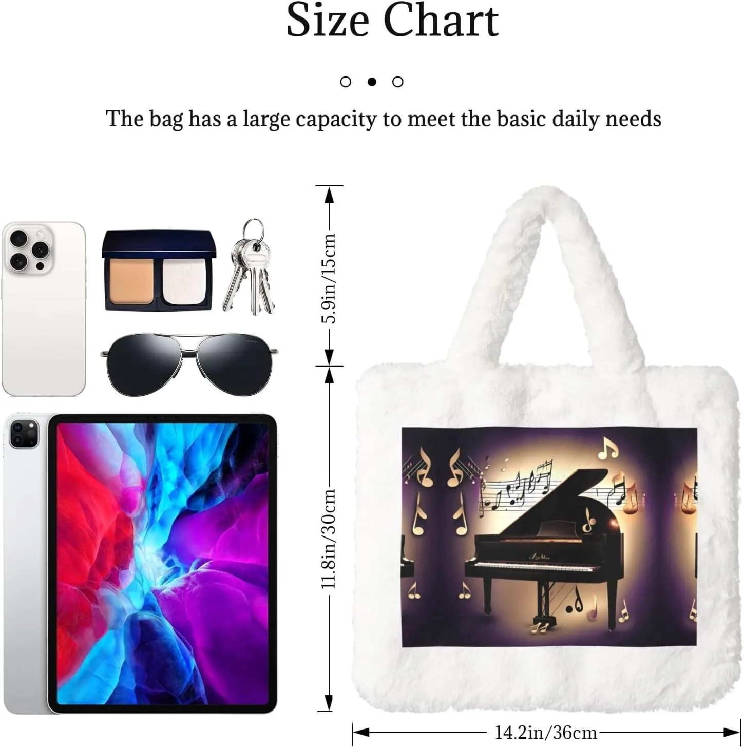 Music Note Piano Printing Fluffy Shoulder Bag Ladies Plush Underarm Bag Tote Bag Furry Purse Handbag For Work Travel