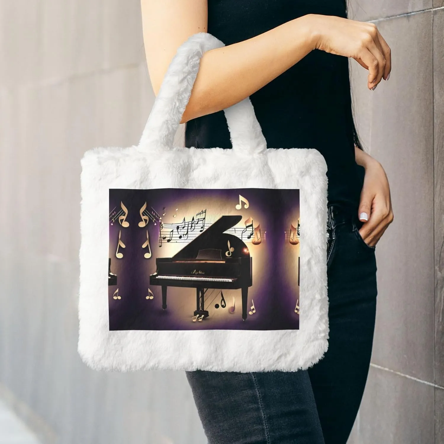 Music Note Piano Printing Fluffy Shoulder Bag Ladies Plush Underarm Bag Tote Bag Furry Purse Handbag For Work Travel