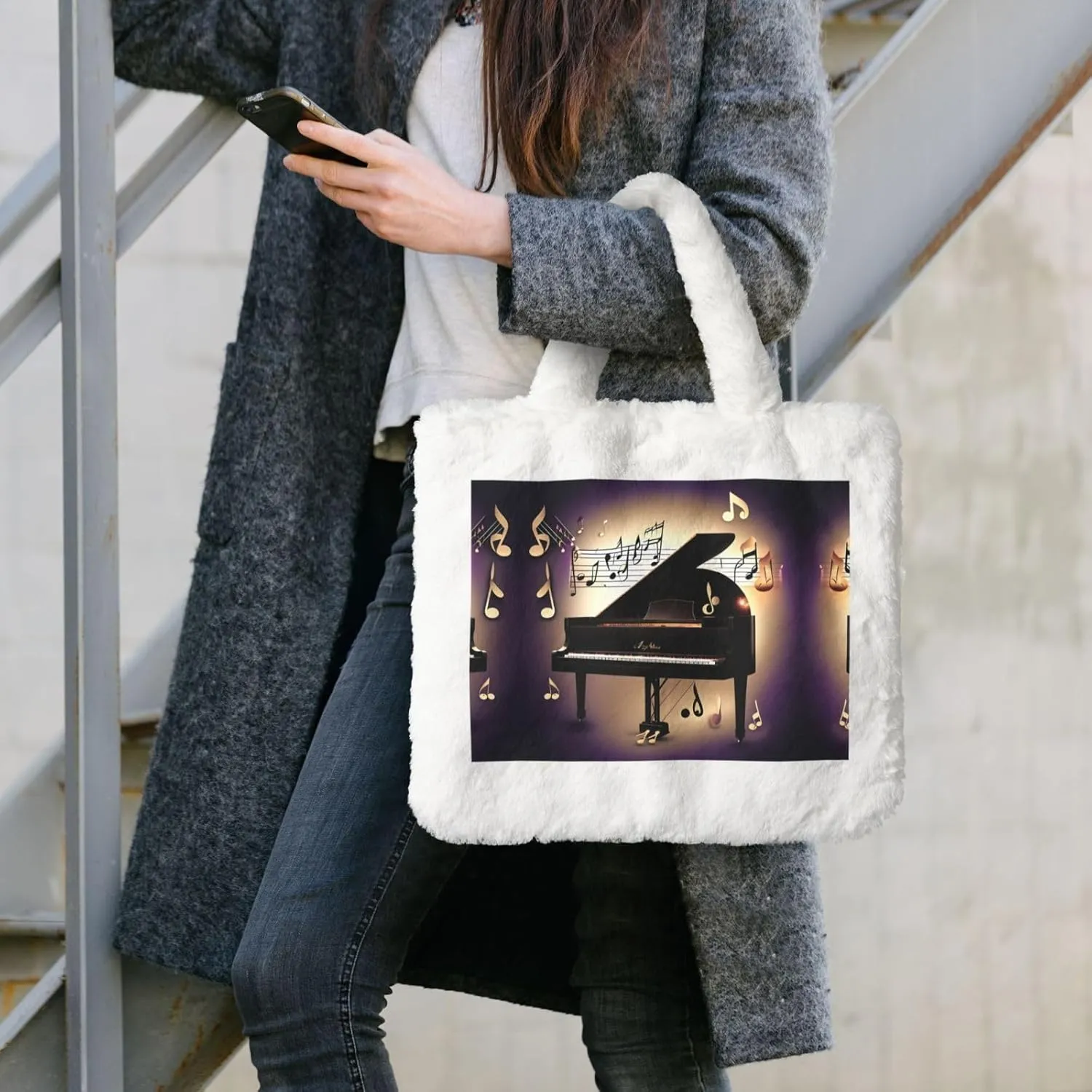 Music Note Piano Printing Fluffy Shoulder Bag Ladies Plush Underarm Bag Tote Bag Furry Purse Handbag For Work Travel