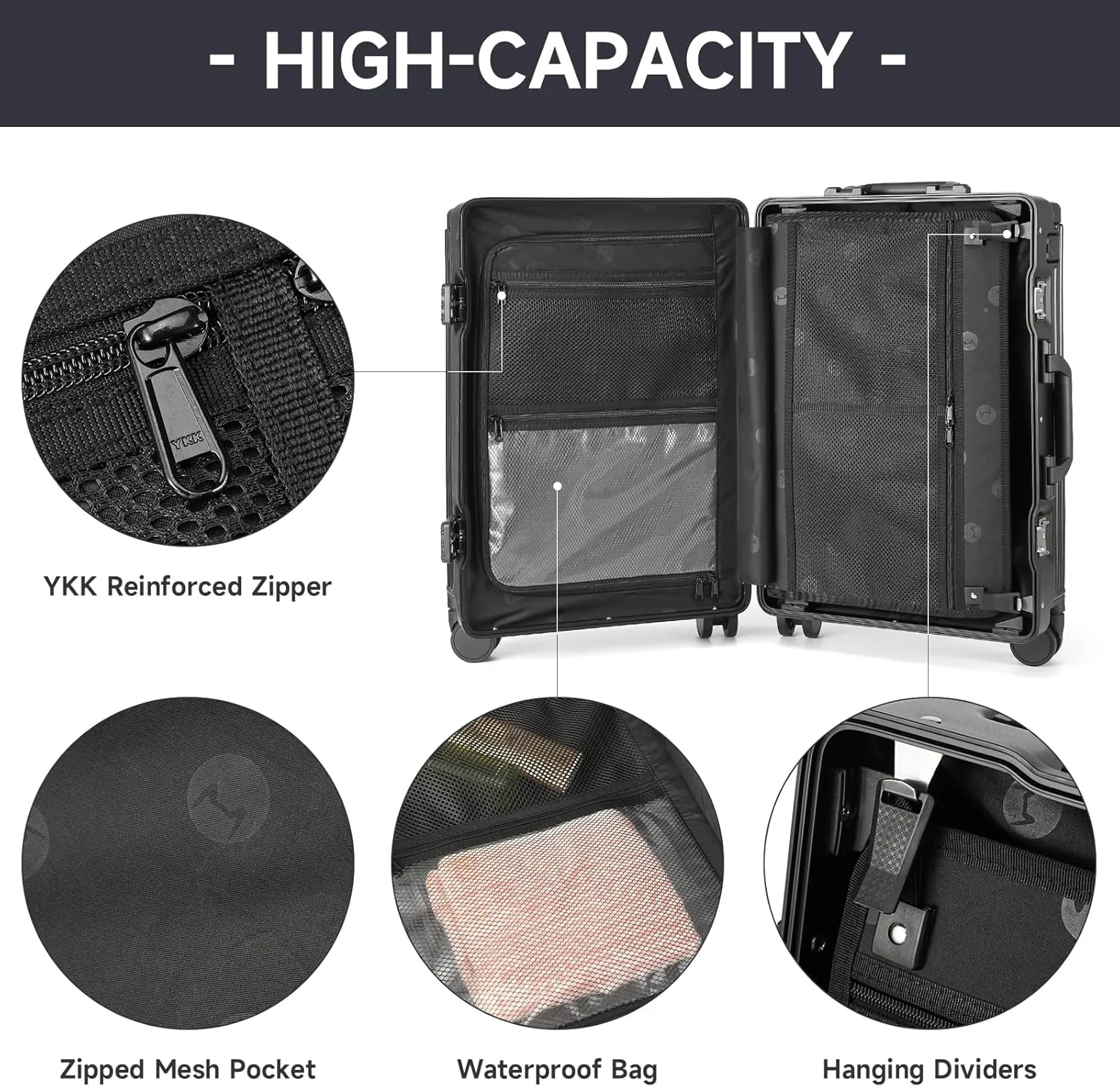 MYER Hard Shell Carry On Luggage 22x14x9 Airline Approved,20 Inch Aluminum Luggage with 100% 3-Layer PC,Carry On Suitcases with Wheels,Cup Holder and USB Port (Classic Black, 20 inch)