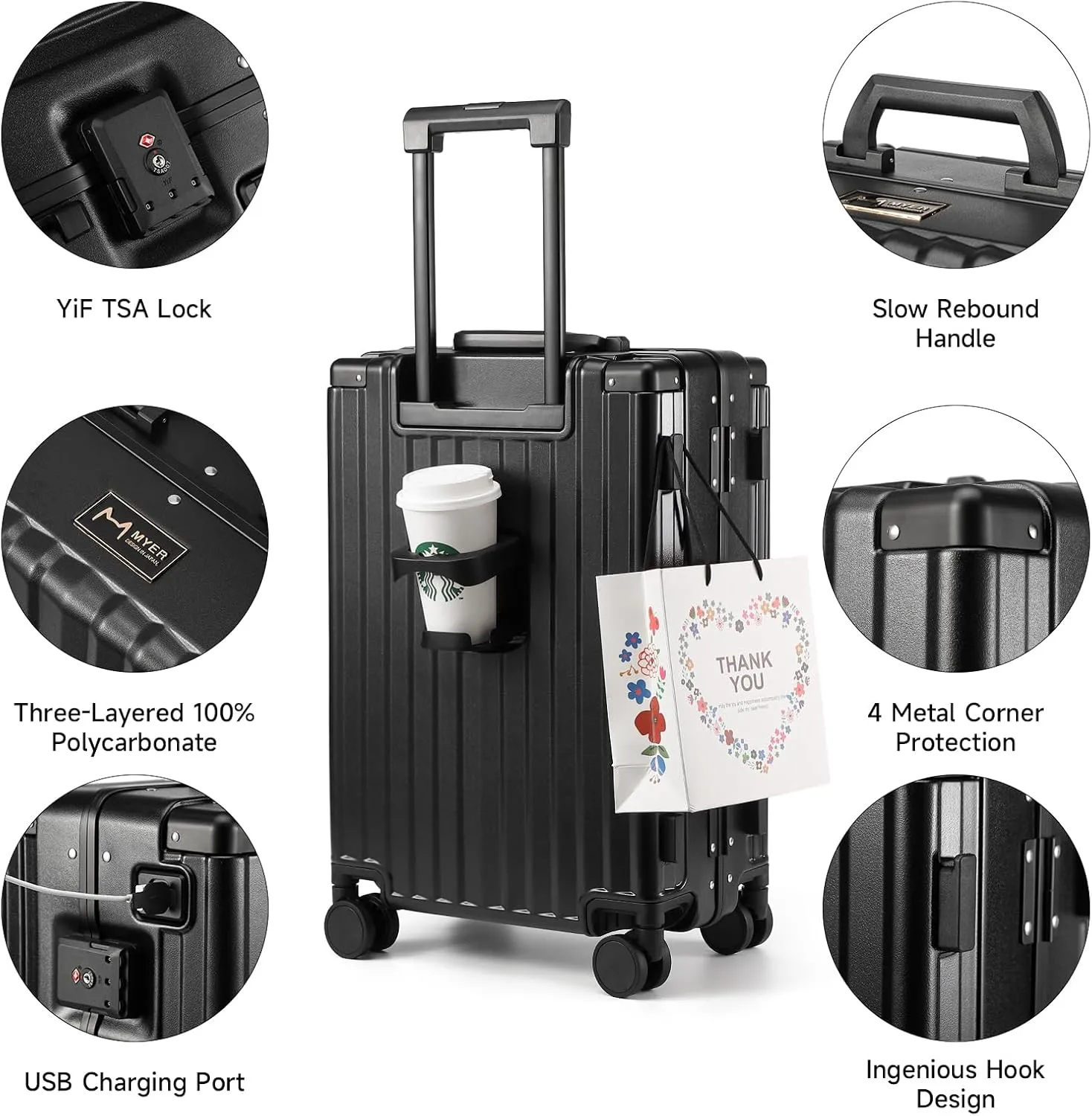 MYER Hard Shell Carry On Luggage 22x14x9 Airline Approved,20 Inch Aluminum Luggage with 100% 3-Layer PC,Carry On Suitcases with Wheels,Cup Holder and USB Port (Classic Black, 20 inch)