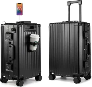 MYER Hard Shell Carry On Luggage 22x14x9 Airline Approved,20 Inch Aluminum Luggage with 100% 3-Layer PC,Carry On Suitcases with Wheels,Cup Holder and USB Port (Classic Black, 20 inch)