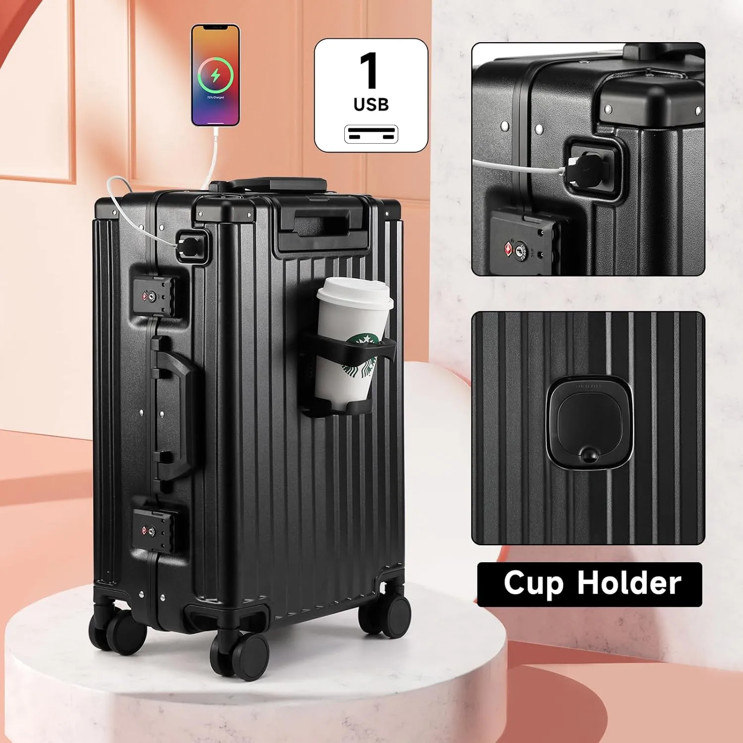 MYER Hard Shell Carry On Luggage 22x14x9 Airline Approved,20 Inch Aluminum Luggage with 100% 3-Layer PC,Carry On Suitcases with Wheels,Cup Holder and USB Port (Classic Black, 20 inch)