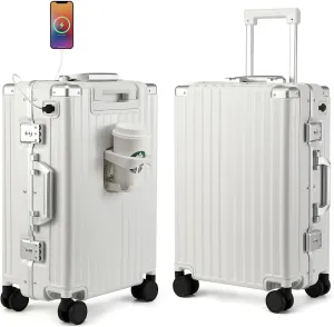 MYER Hard Shell Carry On Luggage 22x14x9 Airline Approved,20 Inch Aluminum Luggage with 100% 3-Layer PC,Carry On Suitcases with Wheels,Cup Holder and USB Port (Milky White, 20 inch)