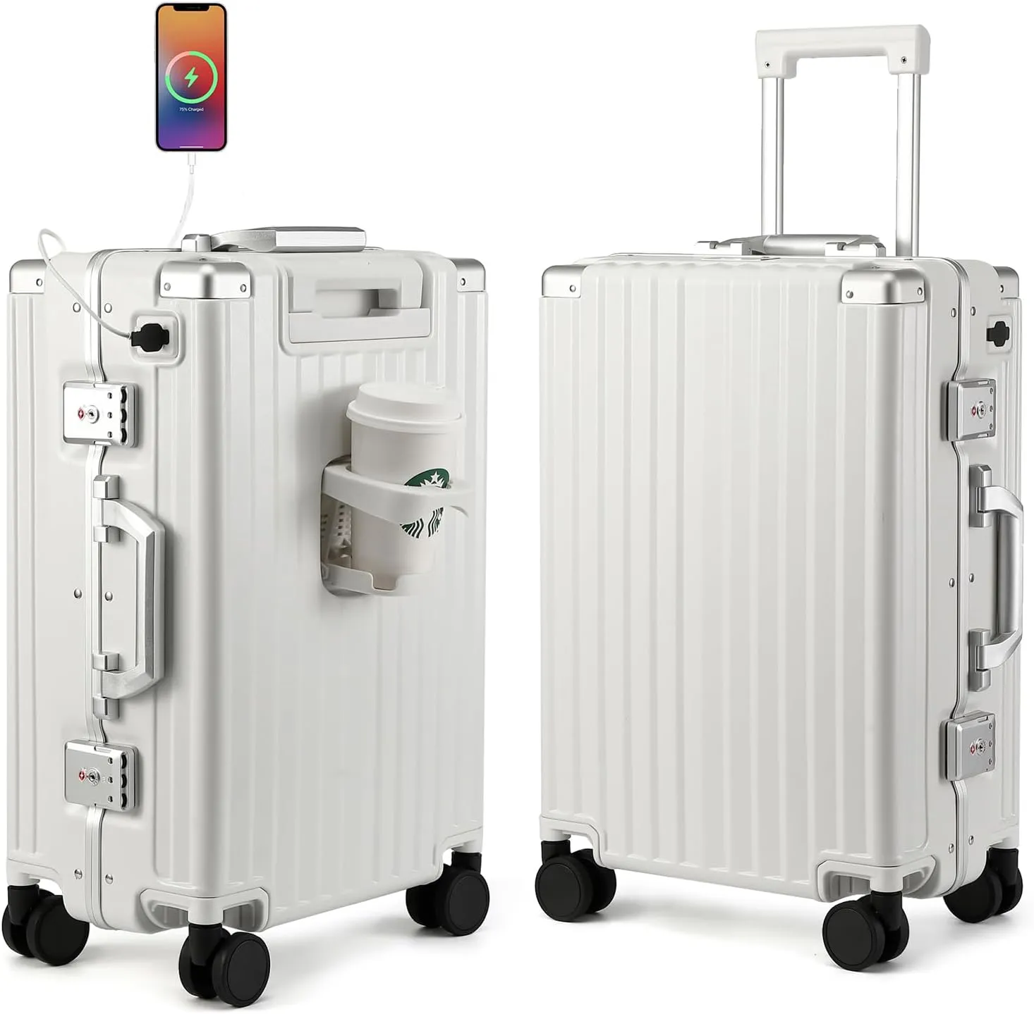 MYER Hard Shell Carry On Luggage 22x14x9 Airline Approved,20 Inch Aluminum Luggage with 100% 3-Layer PC,Carry On Suitcases with Wheels,Cup Holder and USB Port (Milky White, 20 inch)