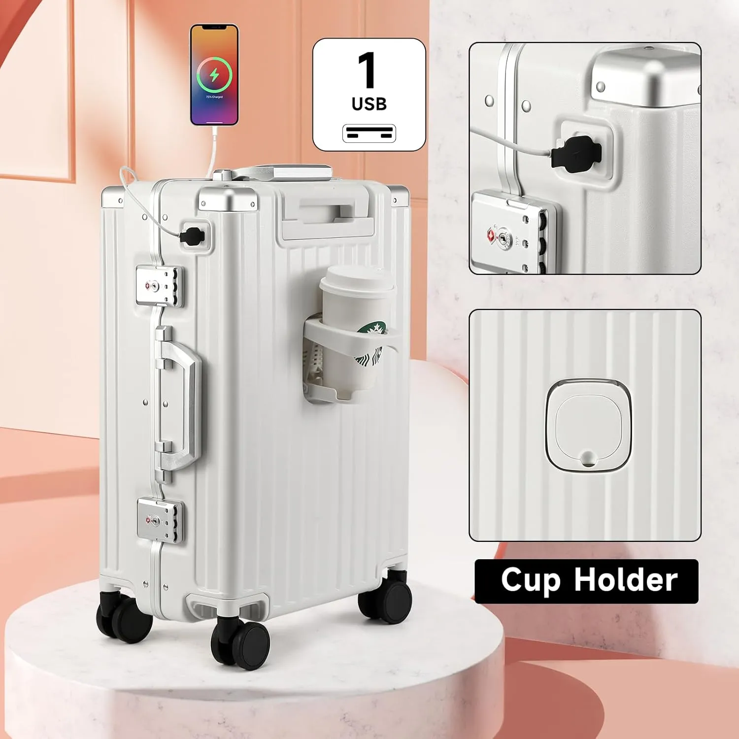 MYER Hard Shell Carry On Luggage 22x14x9 Airline Approved,20 Inch Aluminum Luggage with 100% 3-Layer PC,Carry On Suitcases with Wheels,Cup Holder and USB Port (Milky White, 20 inch)