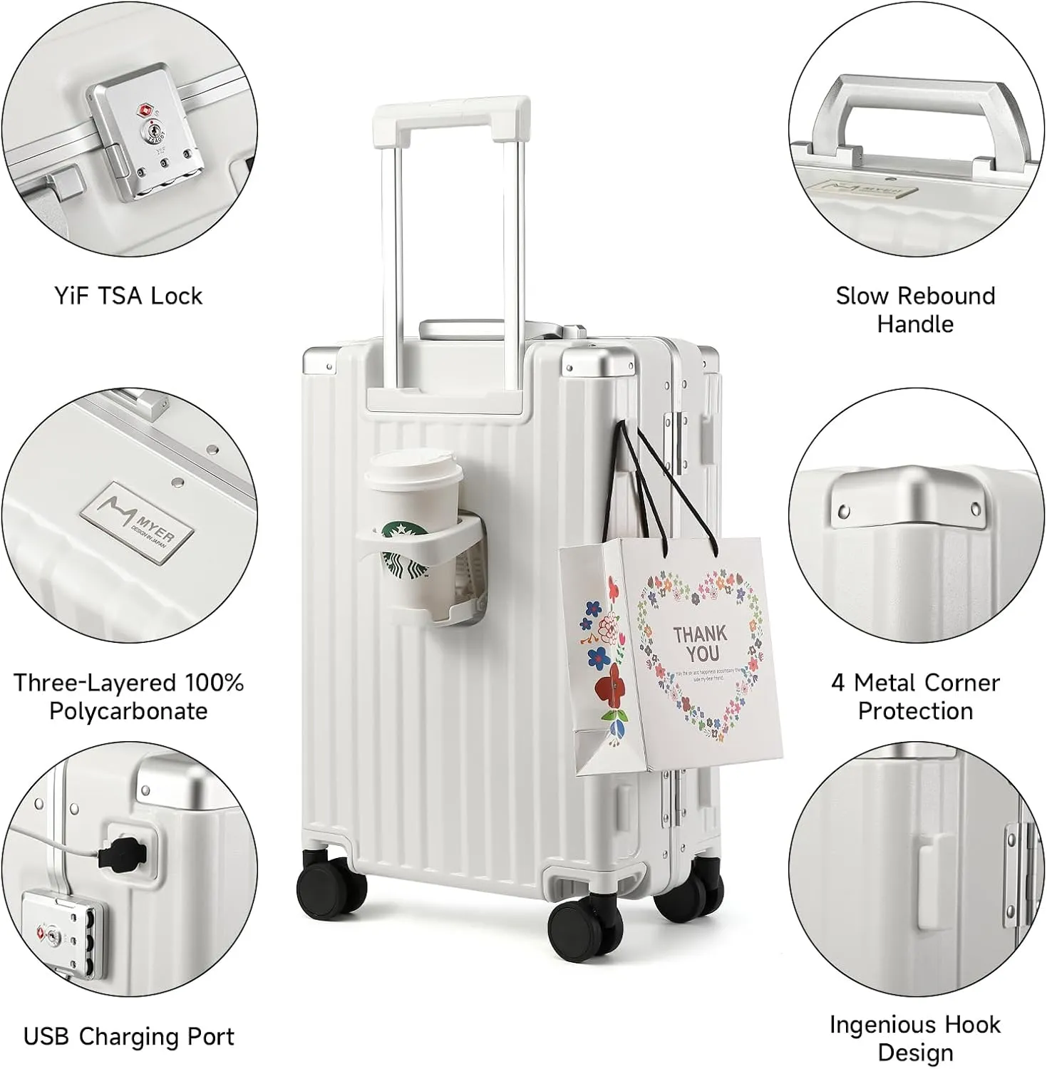 MYER Hard Shell Carry On Luggage 22x14x9 Airline Approved,20 Inch Aluminum Luggage with 100% 3-Layer PC,Carry On Suitcases with Wheels,Cup Holder and USB Port (Milky White, 20 inch)