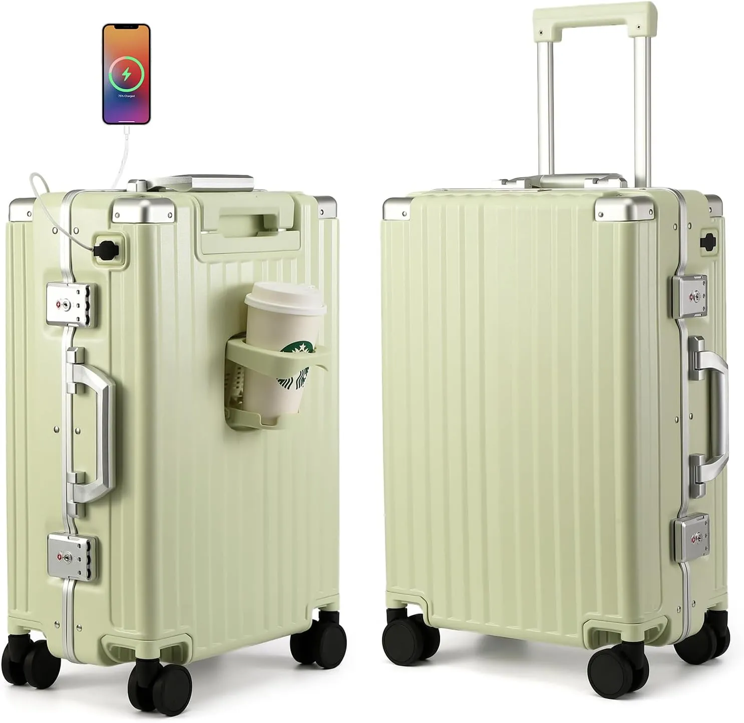 MYER Hard Shell Carry On Luggage 22x14x9 Airline Approved,20 Inch Aluminum Luggage with 100% 3-Layer PC,Carry On Suitcases with Wheels,Cup Holder and USB Port (Vanilla Green, 20 inch)