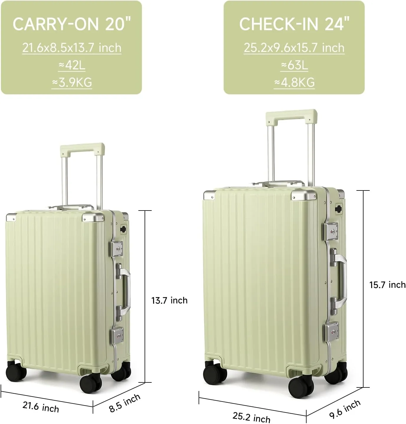 MYER Hard Shell Carry On Luggage 22x14x9 Airline Approved,20 Inch Aluminum Luggage with 100% 3-Layer PC,Carry On Suitcases with Wheels,Cup Holder and USB Port (Vanilla Green, 20 inch)