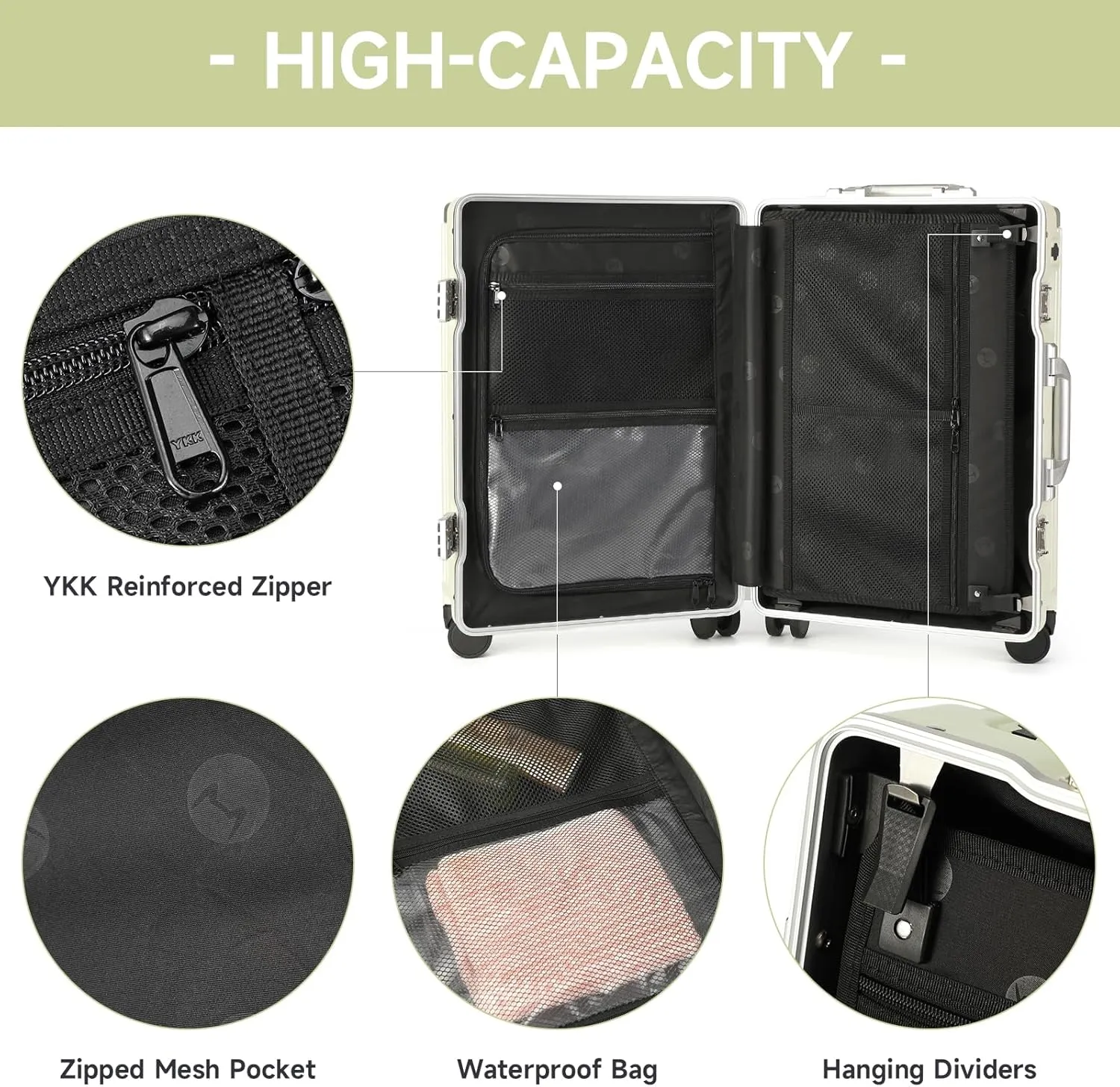 MYER Hard Shell Carry On Luggage 22x14x9 Airline Approved,20 Inch Aluminum Luggage with 100% 3-Layer PC,Carry On Suitcases with Wheels,Cup Holder and USB Port (Vanilla Green, 20 inch)