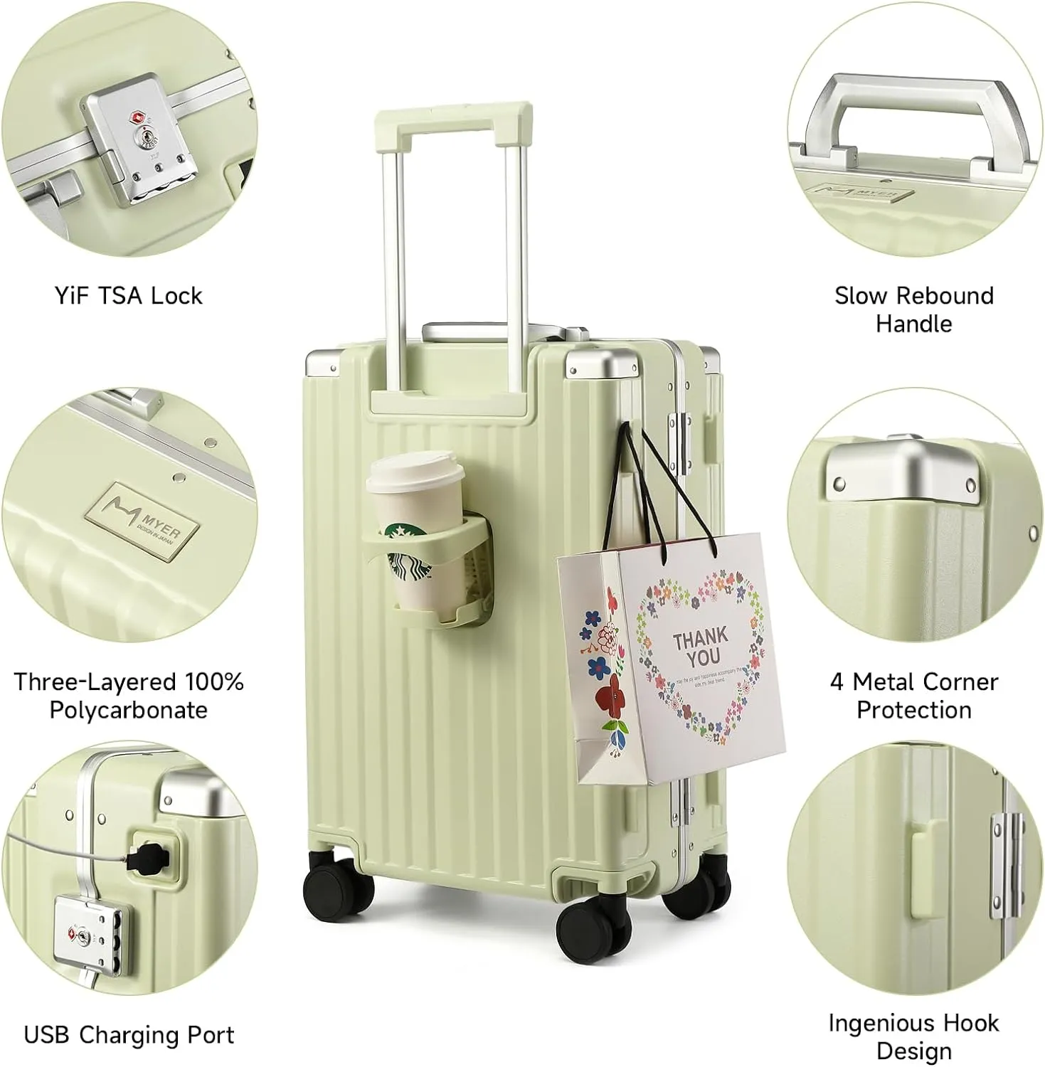 MYER Hard Shell Carry On Luggage 22x14x9 Airline Approved,20 Inch Aluminum Luggage with 100% 3-Layer PC,Carry On Suitcases with Wheels,Cup Holder and USB Port (Vanilla Green, 20 inch)