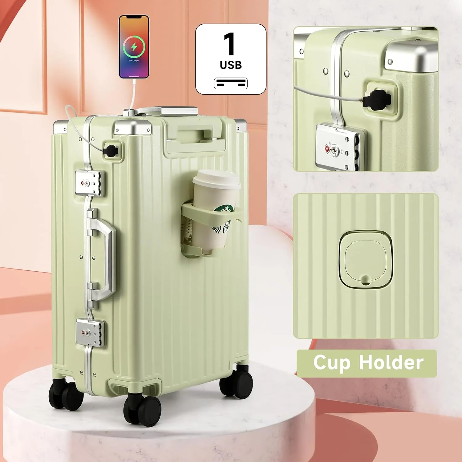 MYER Hard Shell Carry On Luggage 22x14x9 Airline Approved,20 Inch Aluminum Luggage with 100% 3-Layer PC,Carry On Suitcases with Wheels,Cup Holder and USB Port (Vanilla Green, 20 inch)